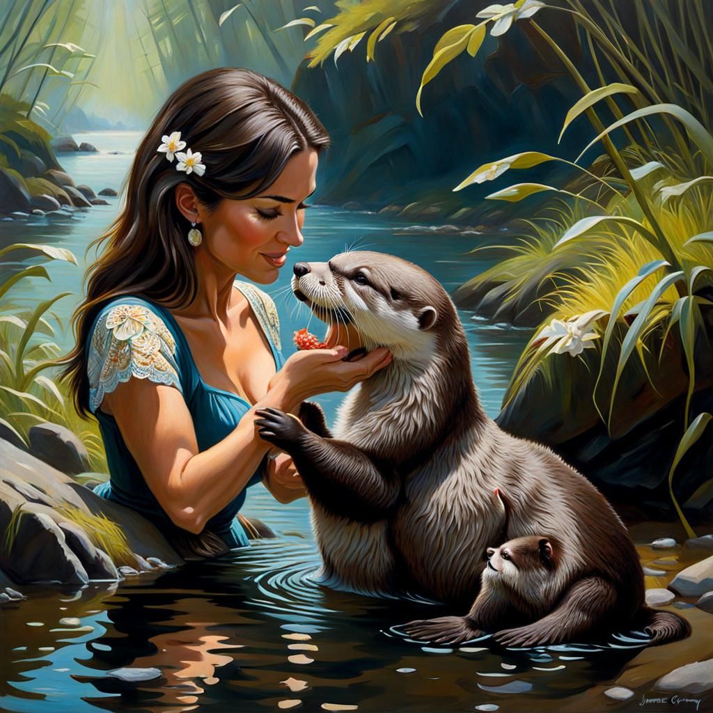 Woman Feeds Baby Otter: Oil Painting