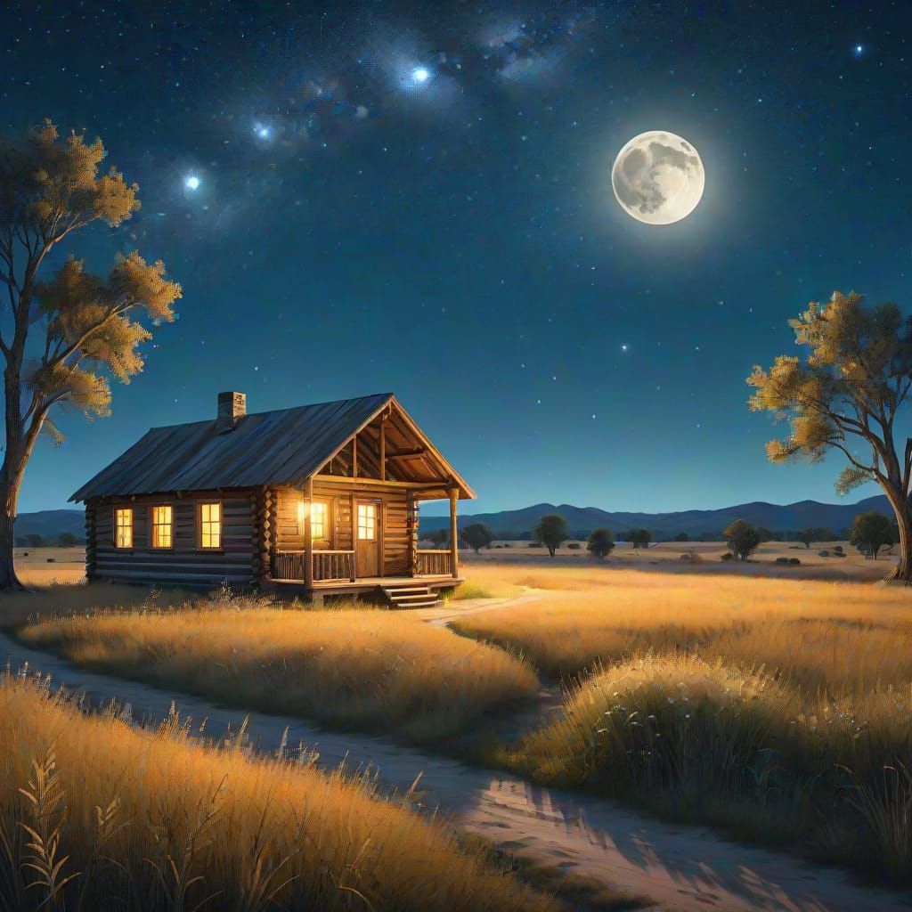 Vast Prairie Night Sky with Twinkling Stars and Rustic Cabin