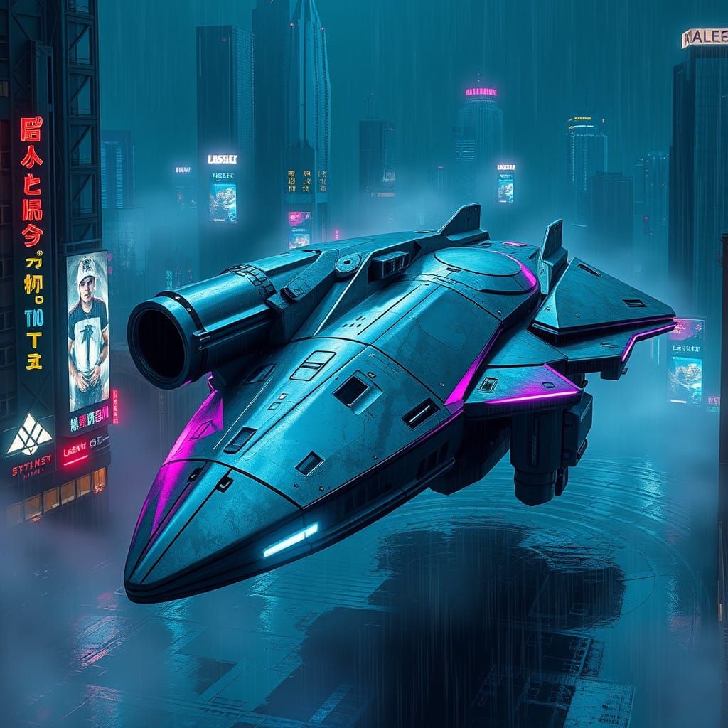 Gargantuan Silver Flying Craft Dominates Futuristic Cityscap...