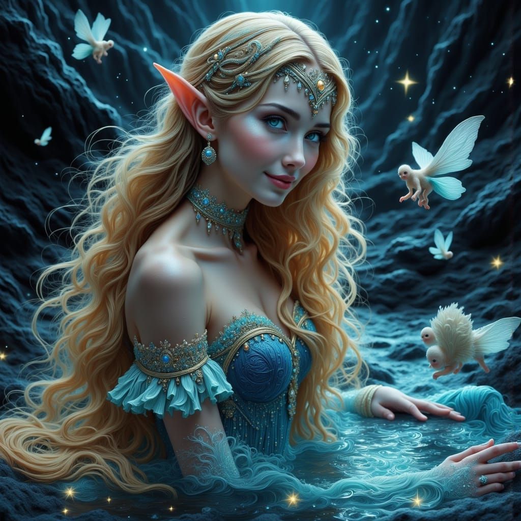 Elf Woman Bathing in Moonlit Pond with Pixies