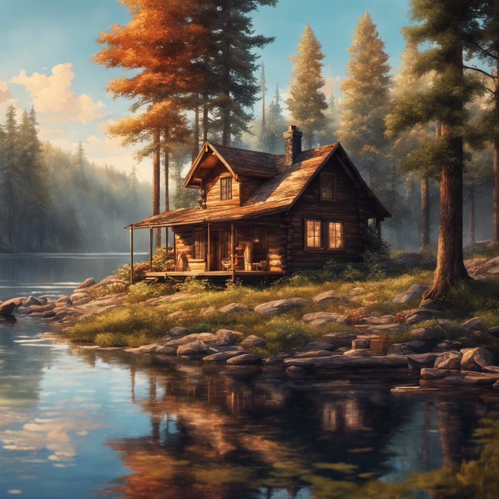 Hyperrealistic Cabin in Woods by Lake