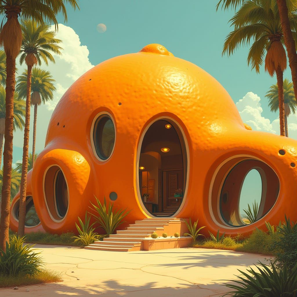 Retro-Future Orange Home in Vibrant Digital Art Style