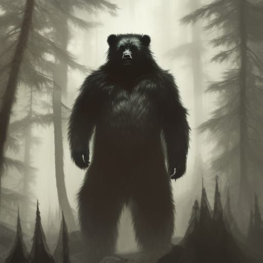 Demonic Werebear in Gothic Noir Forest, Detailed Art
