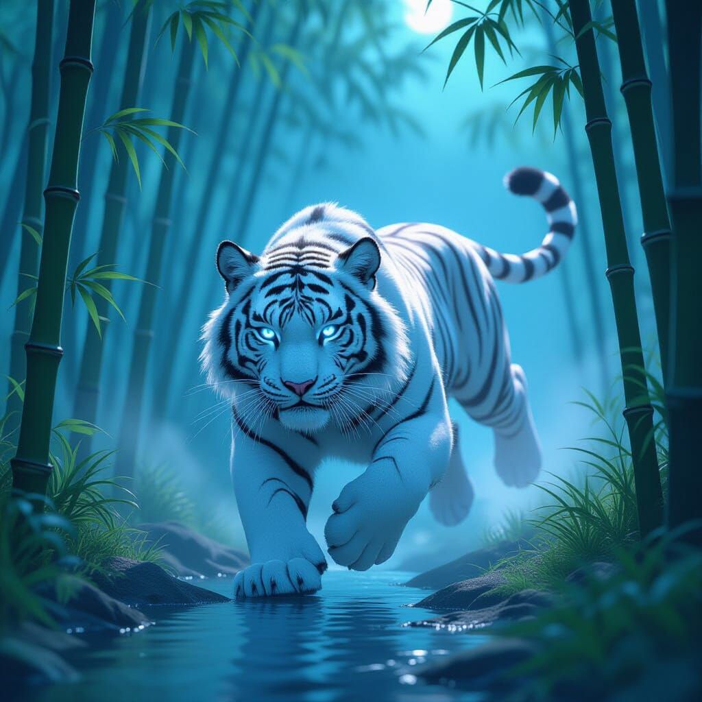 Majestic White Tiger Leaping in Anime Style