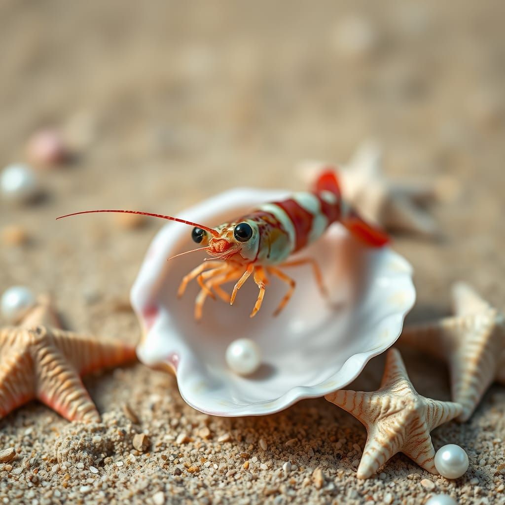 Vibrant Coastal Scene: Shrimp in Conch Shell with Star Shell...