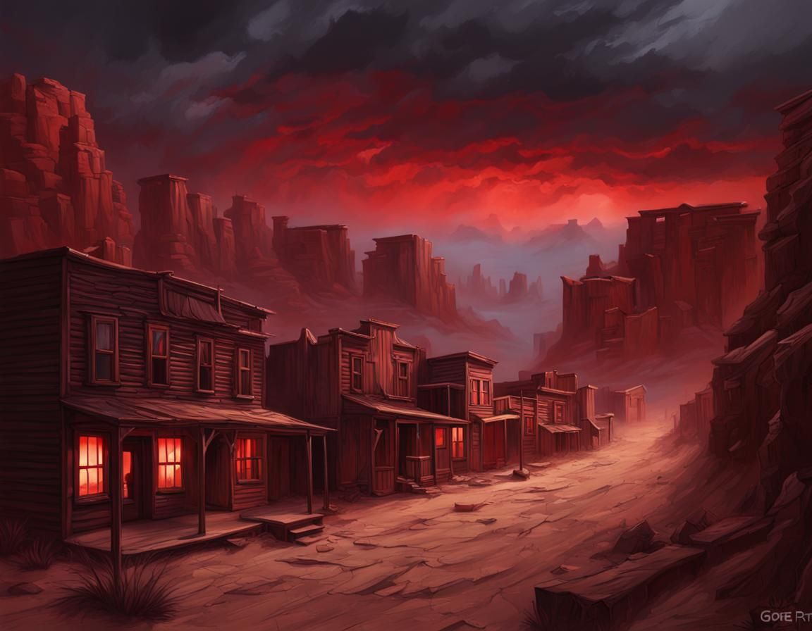 An hollow spooky wild west town inside cracked canyon(night ...