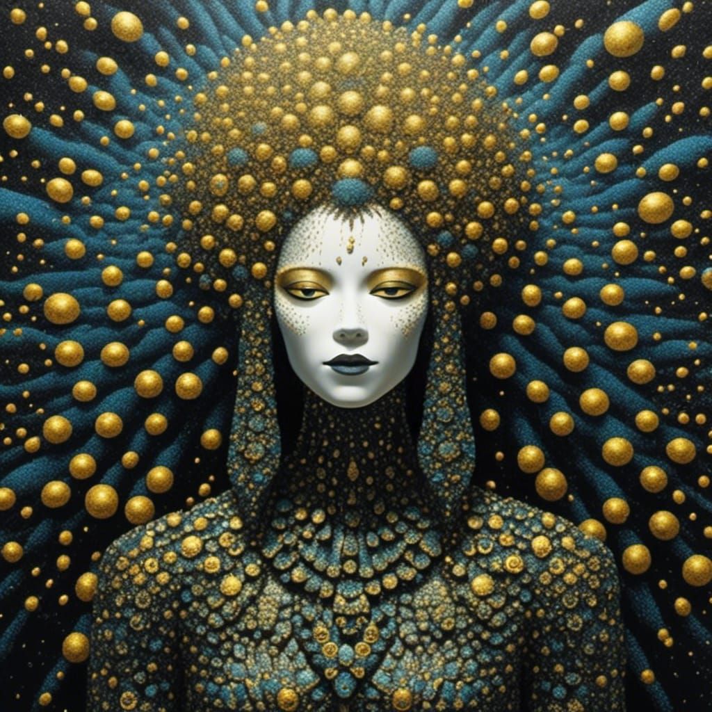 Golden Figure in Red Thread Web, Abstract Art