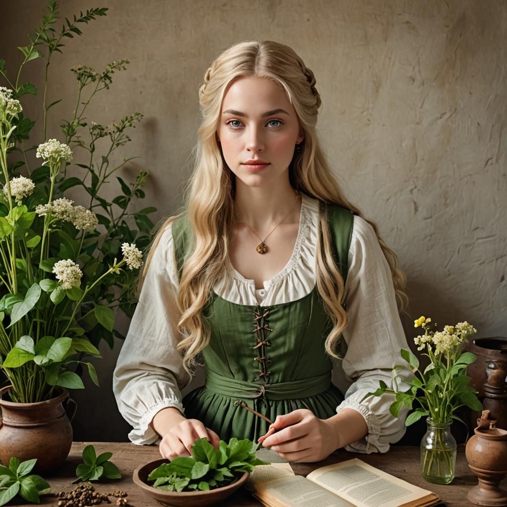 18th Century Herbalist in Kitchen, Photorealistic 3D Art