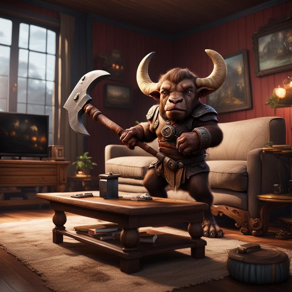 Baby Minotaur on Couch with Axe, Detailed Art