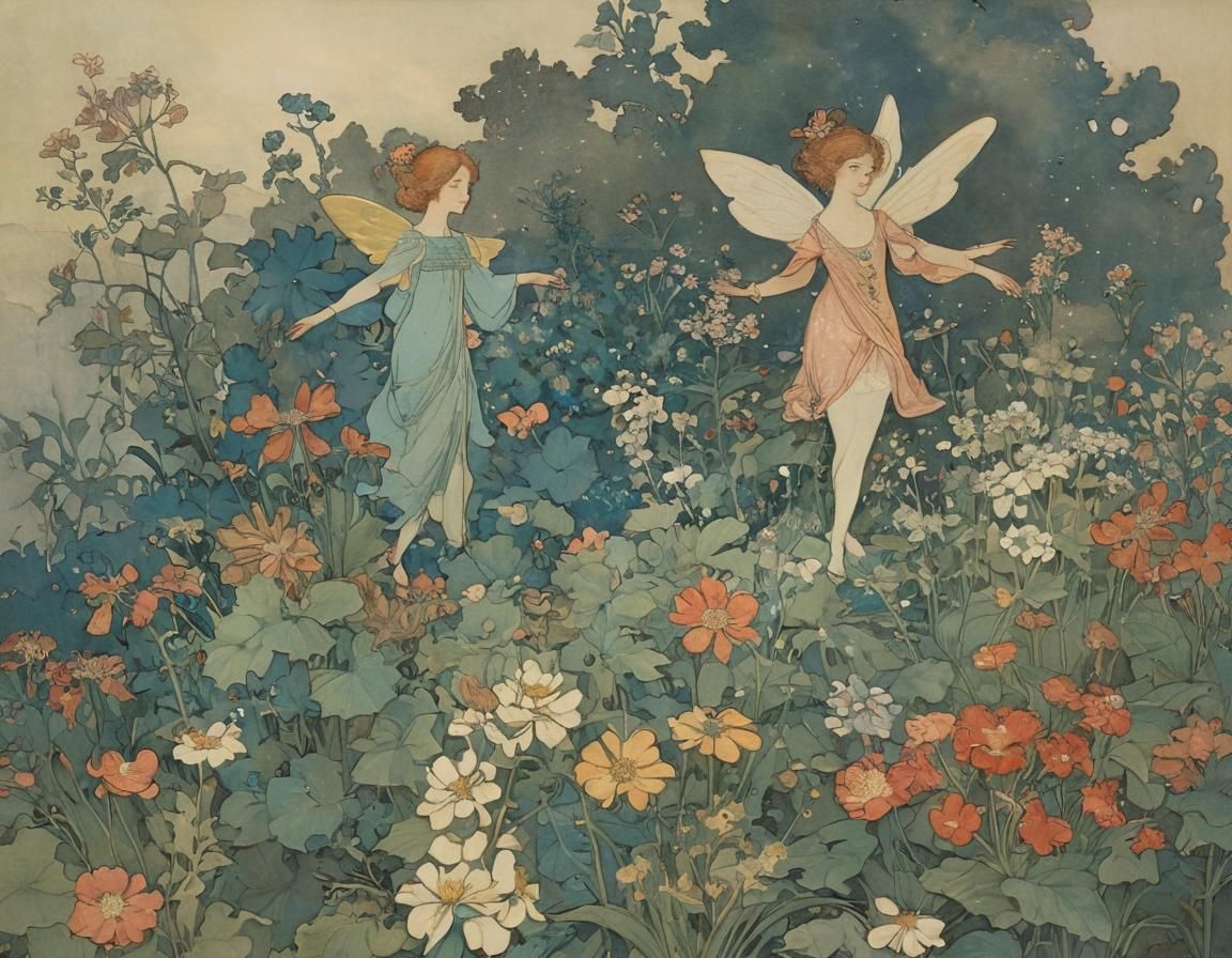 Fairies Dancing Among Flowers, Golden Age Illustration