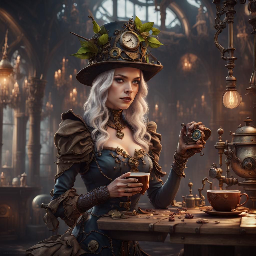 Steampunk Elven Coffee Witch in Detailed Matte Painting