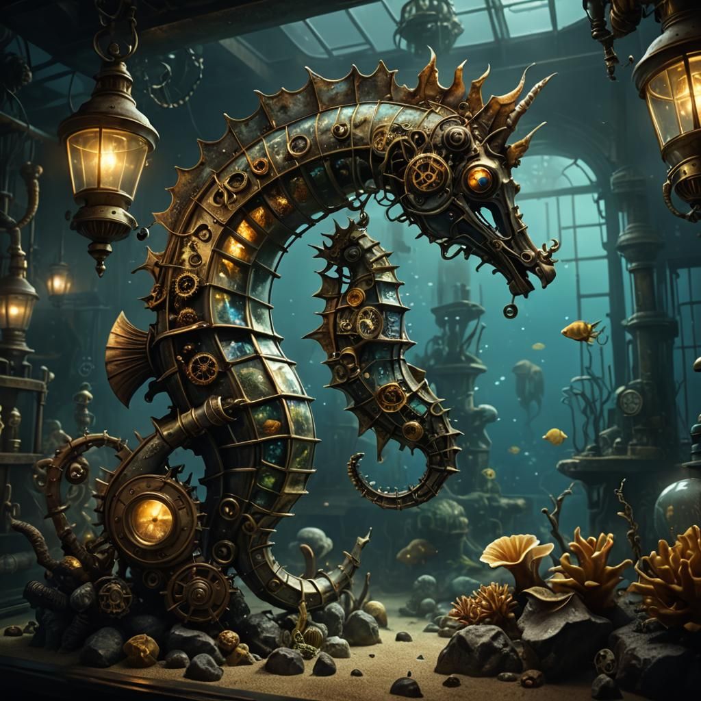 Steampunk Seahorse Aquarium with Alien Creatures
