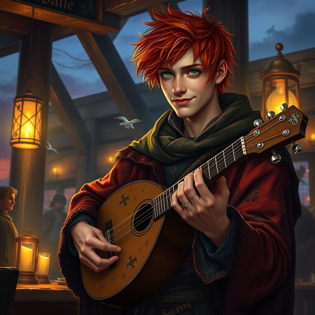 Enigmatic Bard Weaves Spellbound Melody in Twilight Tavern