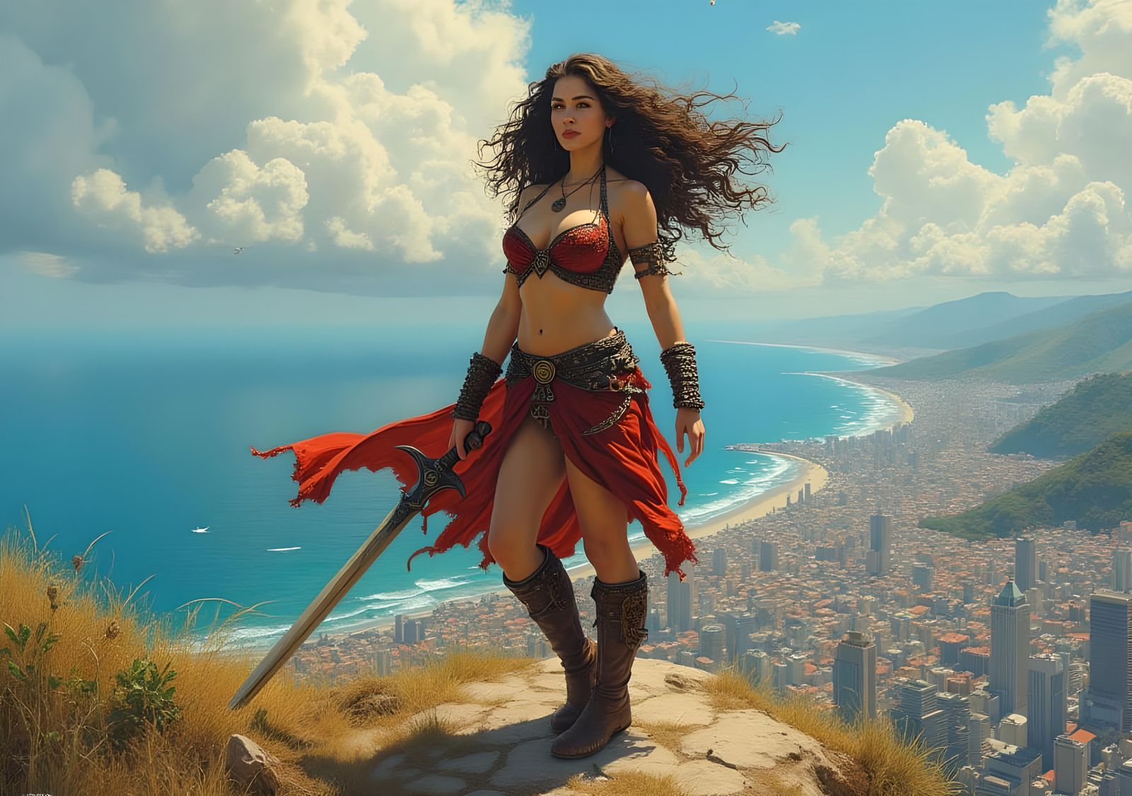 Barbarian Princess Defends City: Oil Painting