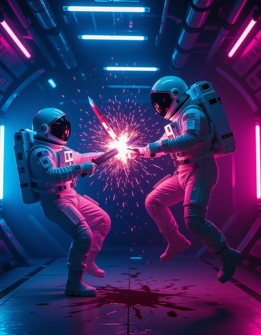 Astronauts Fight in Zero Gravity, Vivid Digital Art