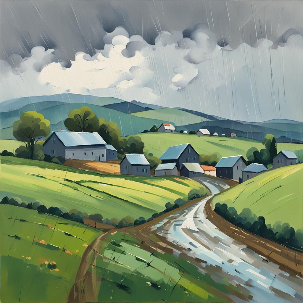 Rainy Village Landscape in Impressionist Gouache Style