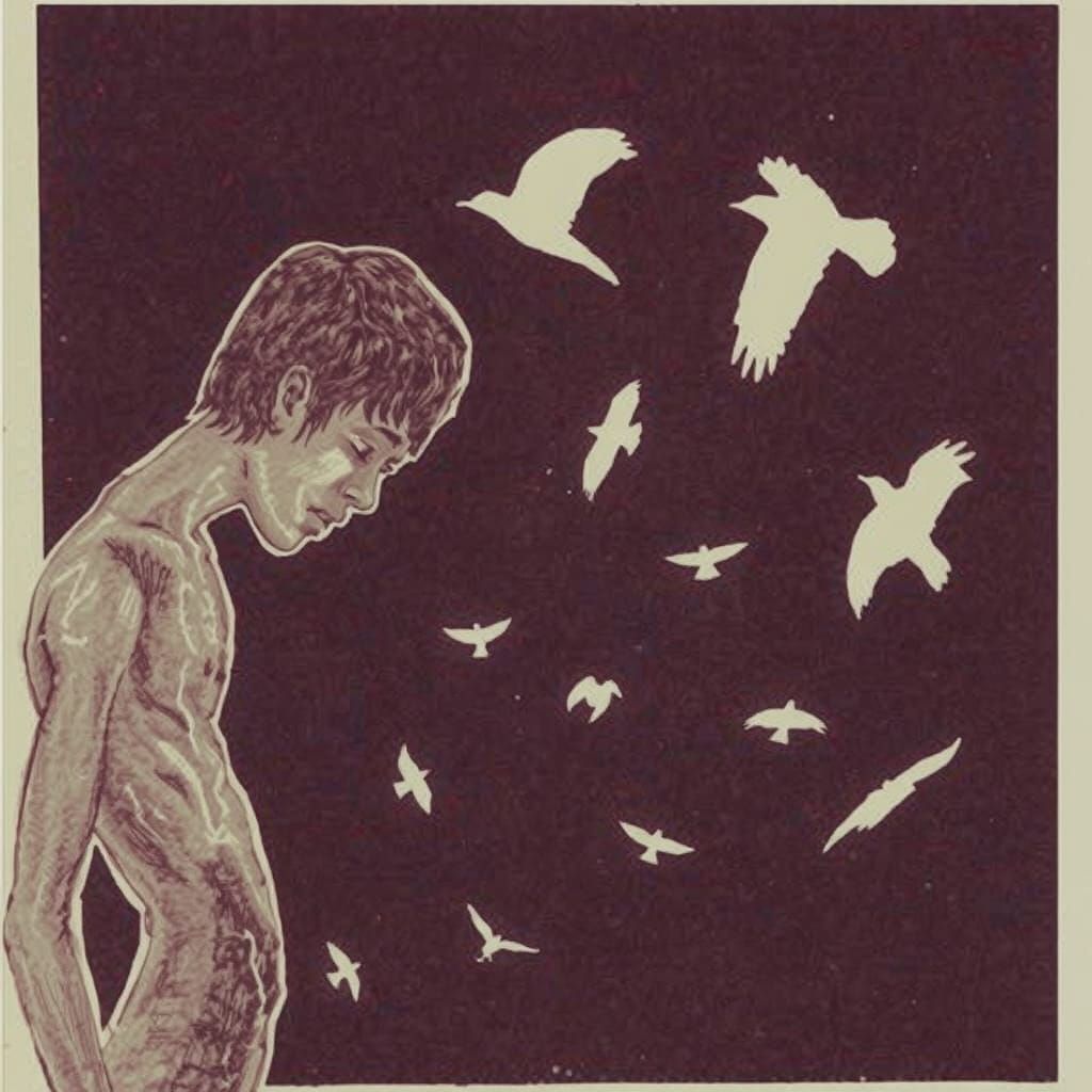 Pencil Drawing of Youth Surrounded by Birds