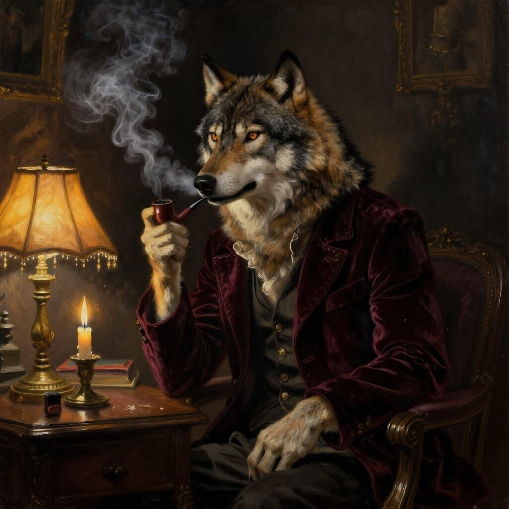Mystical Wolf in Study, Moody Oil Painting Style
