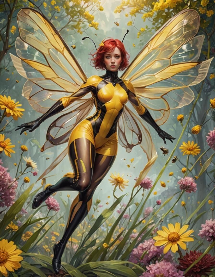 Woman Turns Into Bee in Flight, Detailed Matte Painting