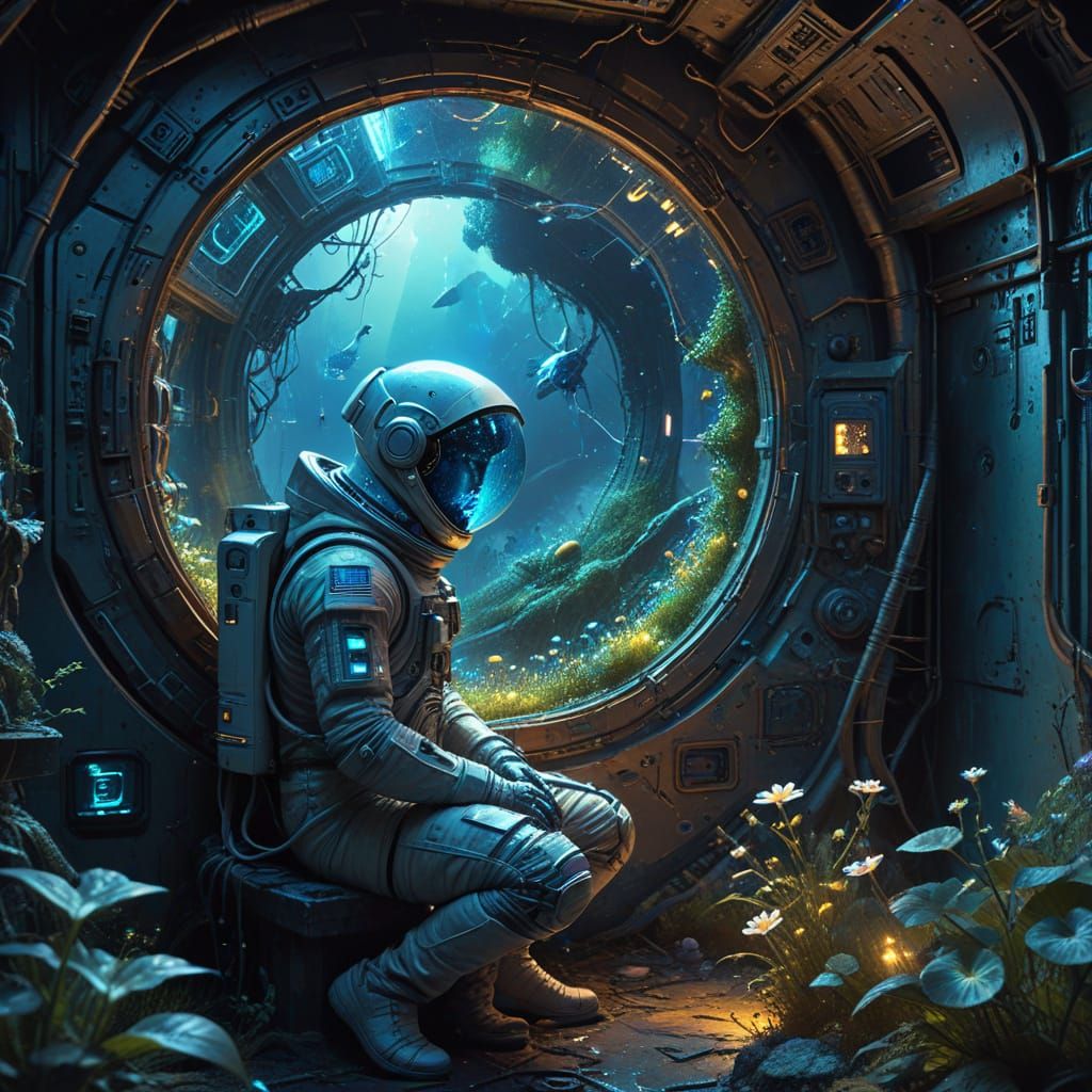 Astronaut's Bioluminescent Garden in Derelict Spaceship