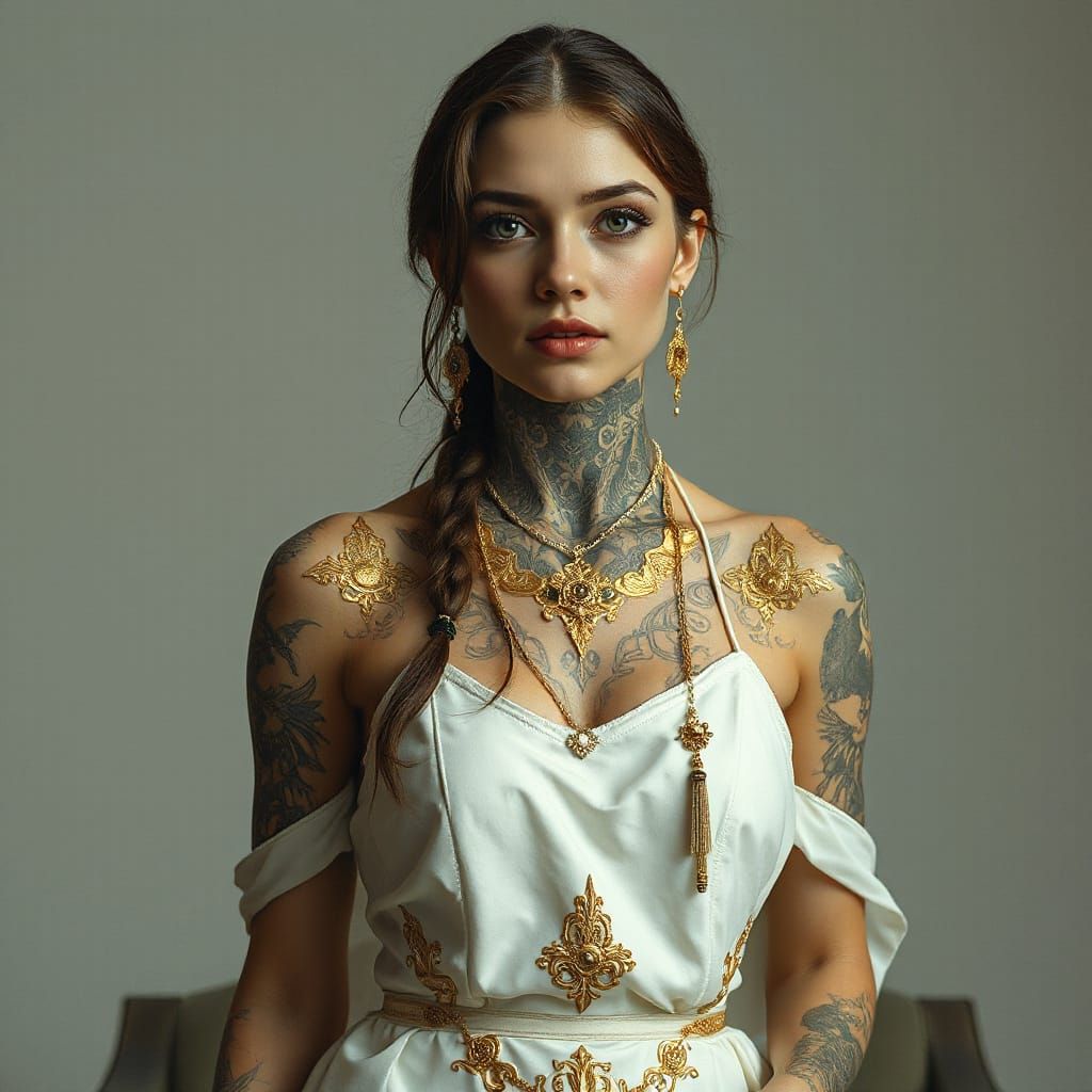 Green-Eyed Woman with Golden Tattoos in Mythological Style