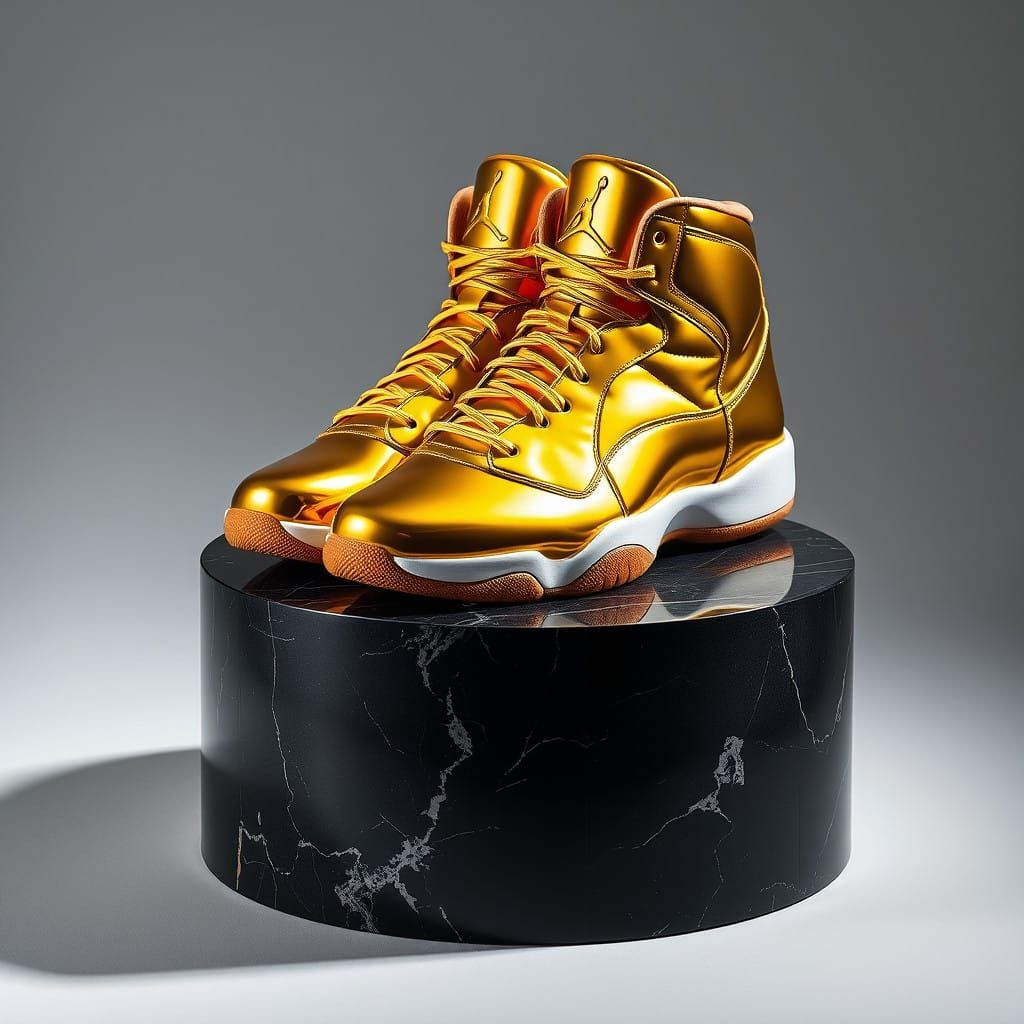 Sleek Golden Jordan Shoes on a Black Marble Pedestal