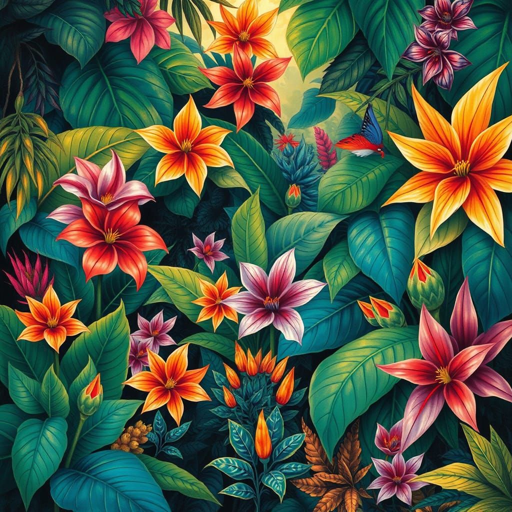 Vibrant Jungle Scene in Naive Art Style