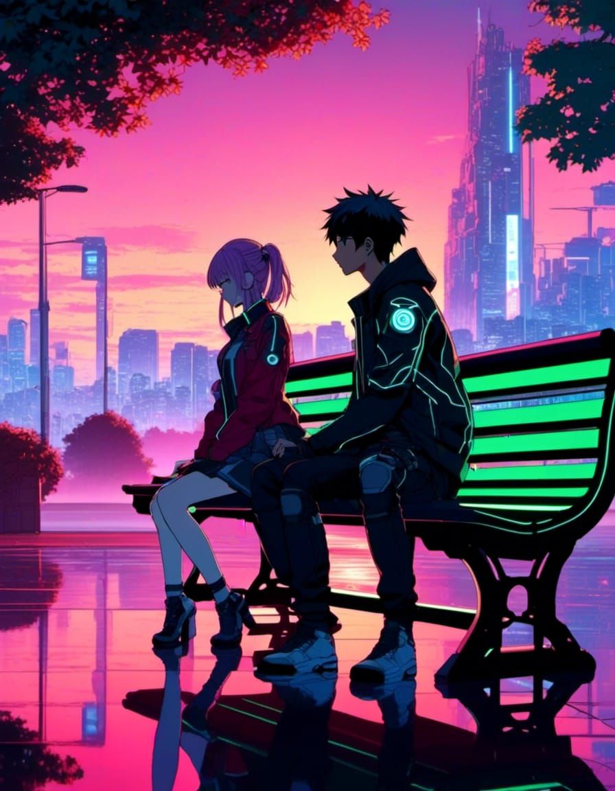 Cyberpunk Anime couple sitting on a Tokyo park bench in the Summer, sunset, fog, red, green, pink, blue <lora:Gridimatio...