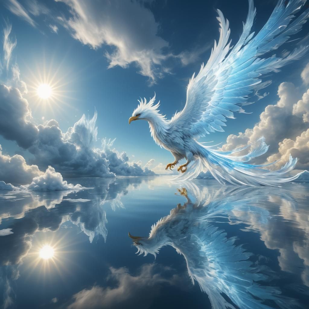 Ice Phoenix Soars in Vibrant, Swirling Clouds