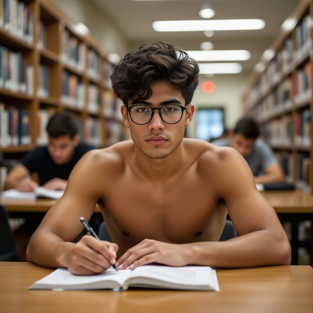 Diligent Young Man Studies Shirtless in Library
