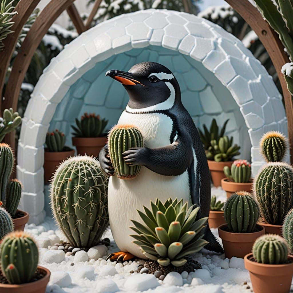 Penguin Tending Cactus Houseplant Inside Igloo
