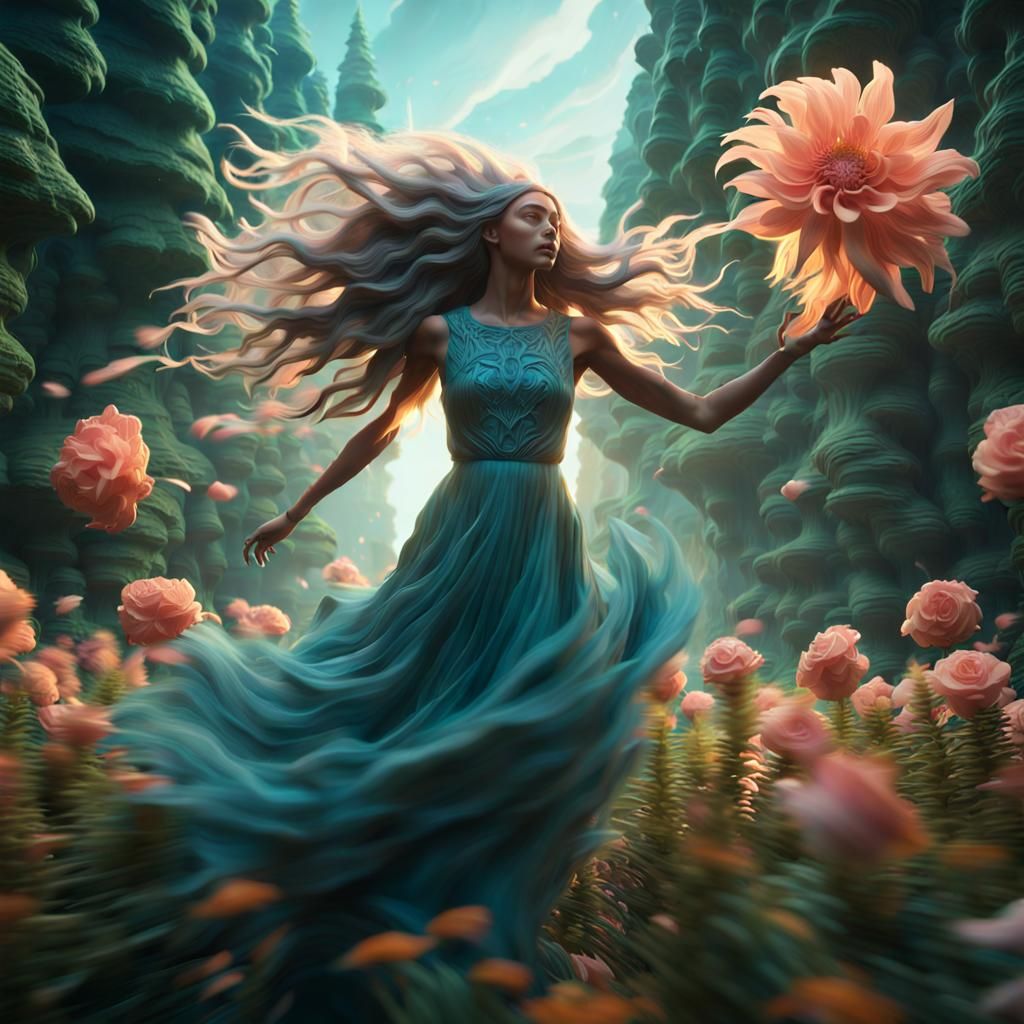 Woman Soaring with Flower: Surreal Digital Art