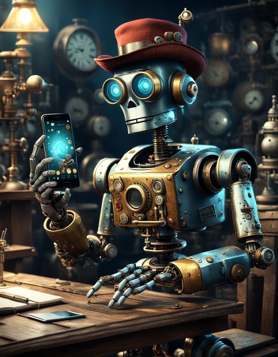 Steampunk Robot Inspects Cell Phone in Detailed Matte Painti...