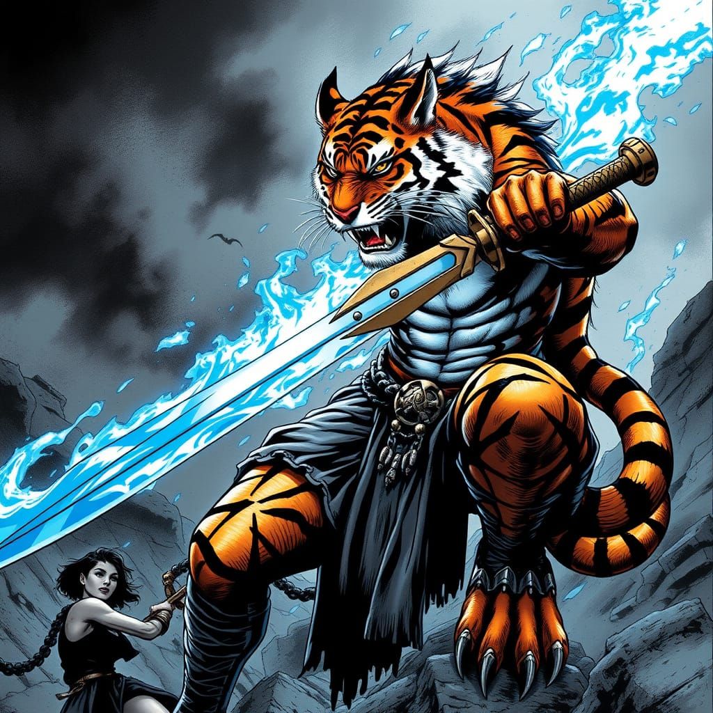 Tiger Shifter Gladiator with Blue Fire Greatsword
