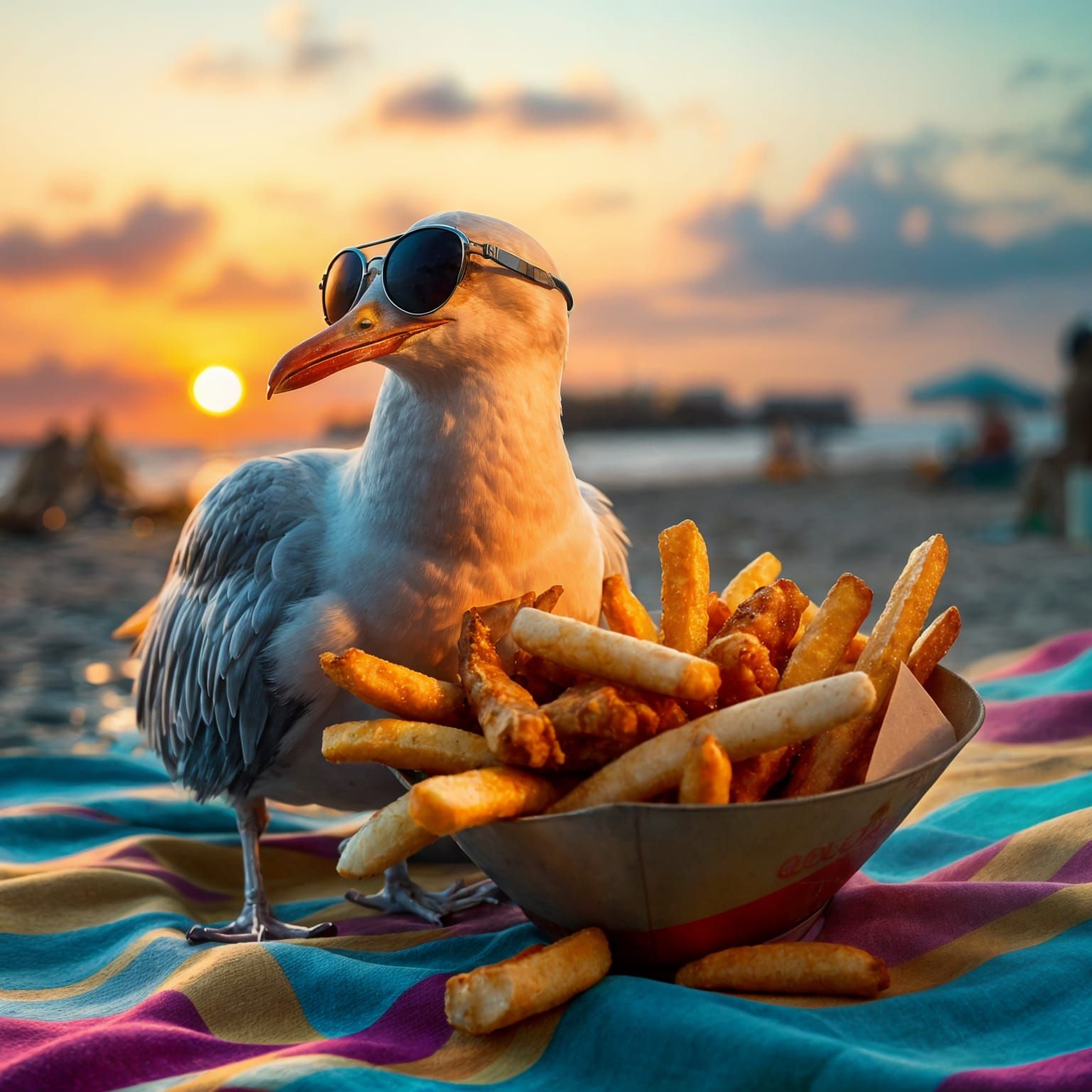 Seagull in Sunglasses Enjoying Beach Fish and Chips