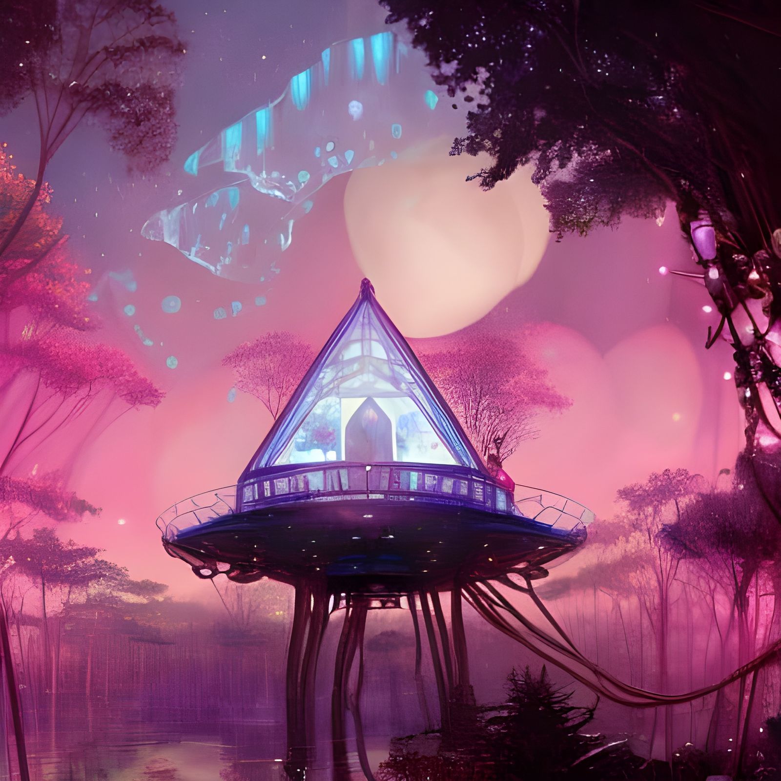 Cerulean Glass Treehouse in Ethereal Sci-Fi Style