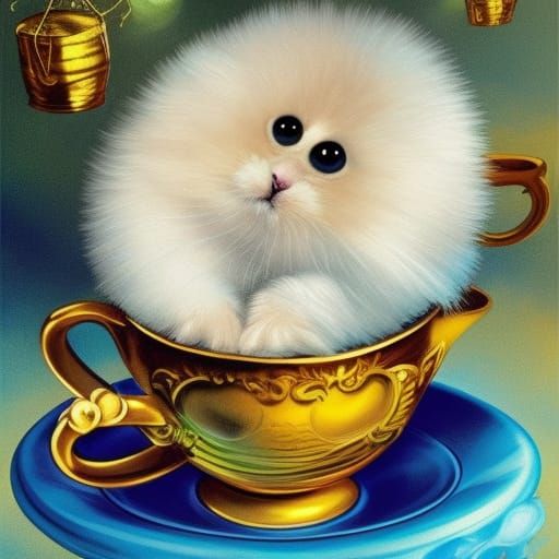 Puff Ball Animal in Teacup, Storybook Comic Art