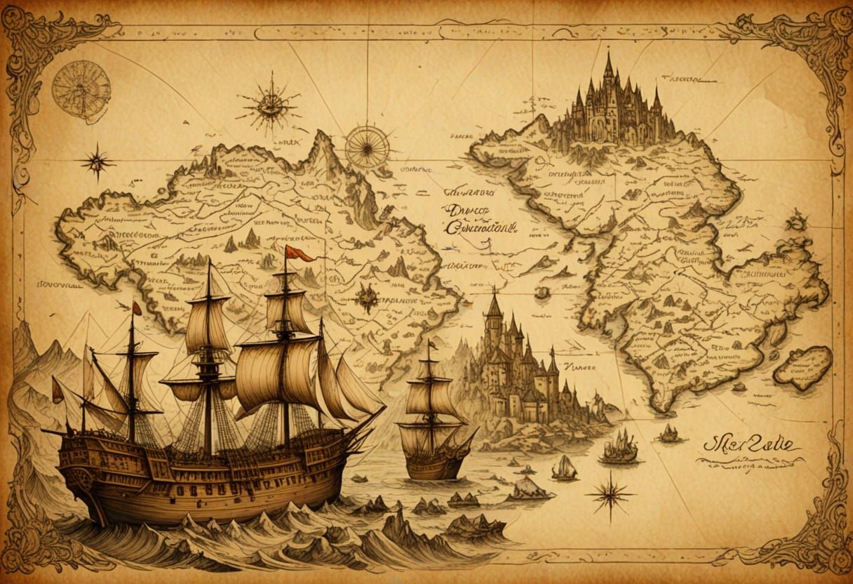 Surreal Medieval Fantasy Map Unfolds on Ancient Parchment in...