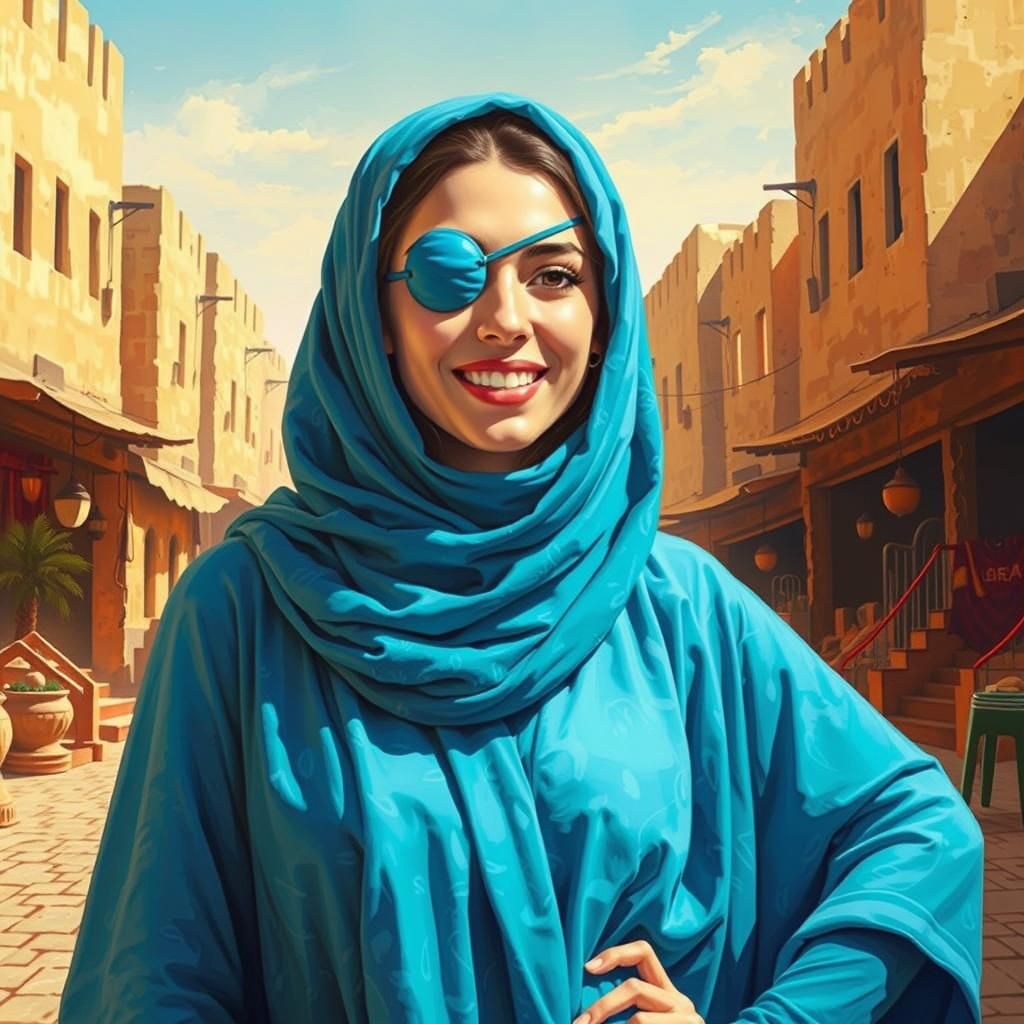 Smiling Arab Woman with Blue Eyepatch in Dreamy Style