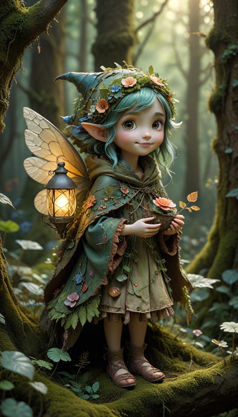 Whimsical Forest Sprite in Ancient Mushroom Habitat