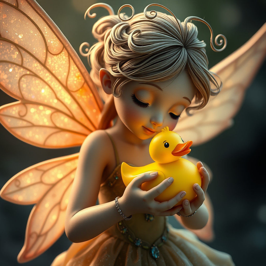 Whimsical Fairy with Rubber Duck in Magical Garden
