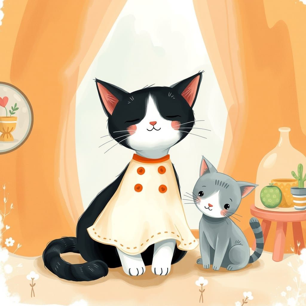 Cat-Girl with Kitten in Watercolor Illustration Style