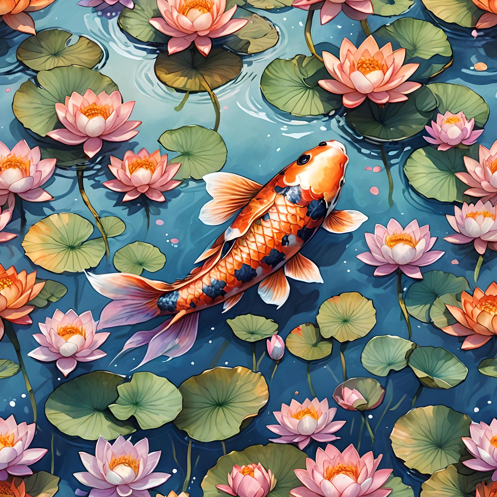 Koi Fish and Lotus Flowers in Clear Water