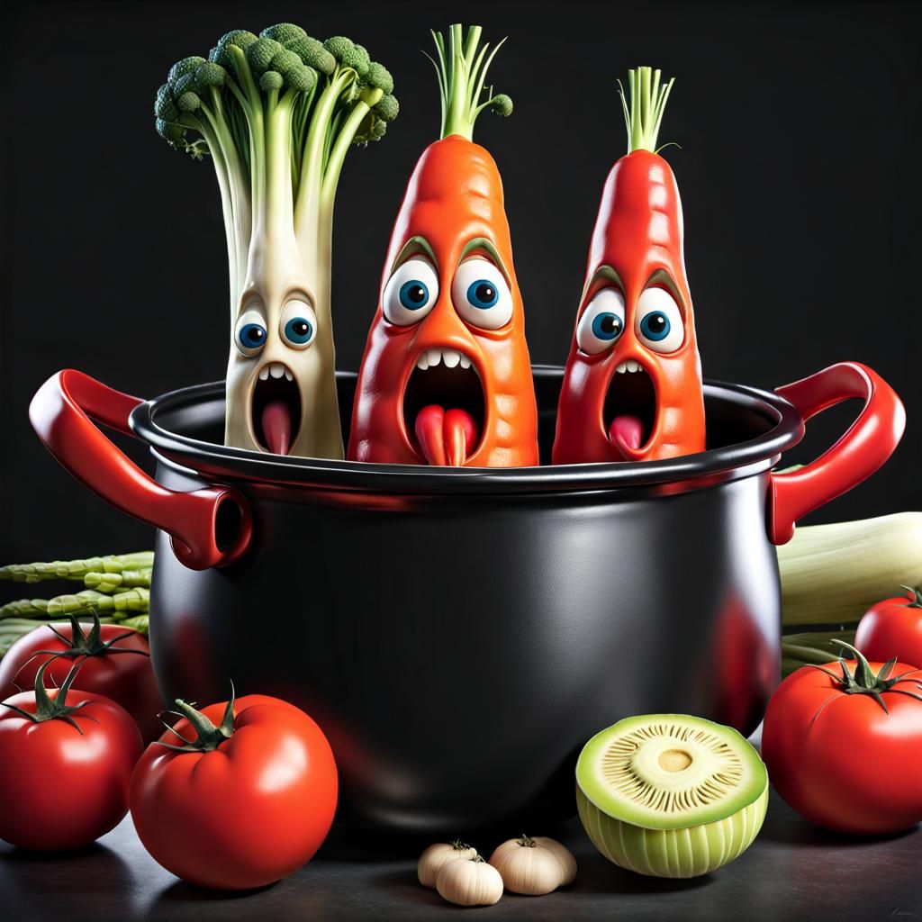 Cartoon Vegetables Scream in Cooking Pot