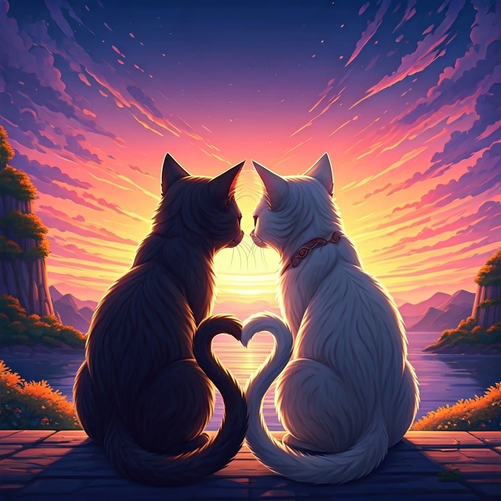 Whimsical Anime Cats in Love
