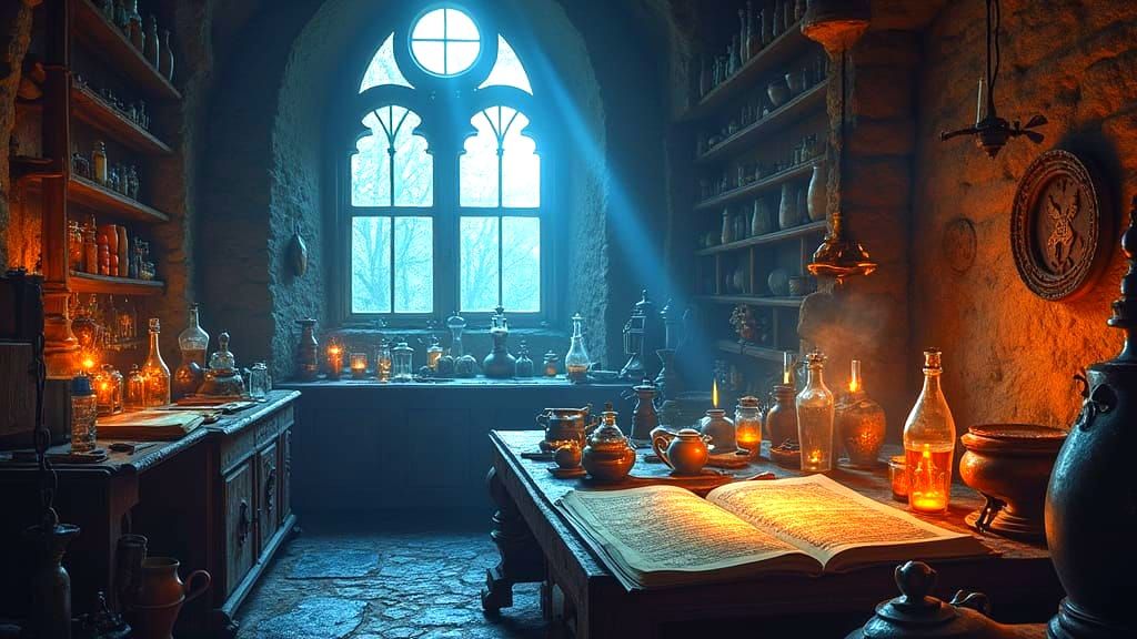 Mysterious Alchemist Lab Under Moonlight - Concept Art Style