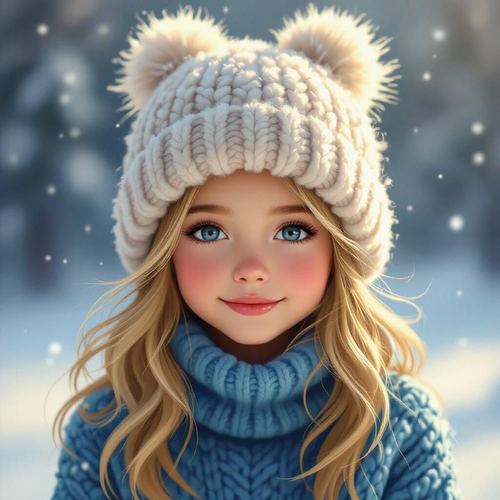 Pretty Blonde Girl in Pom Pom Hat on Snowy Day