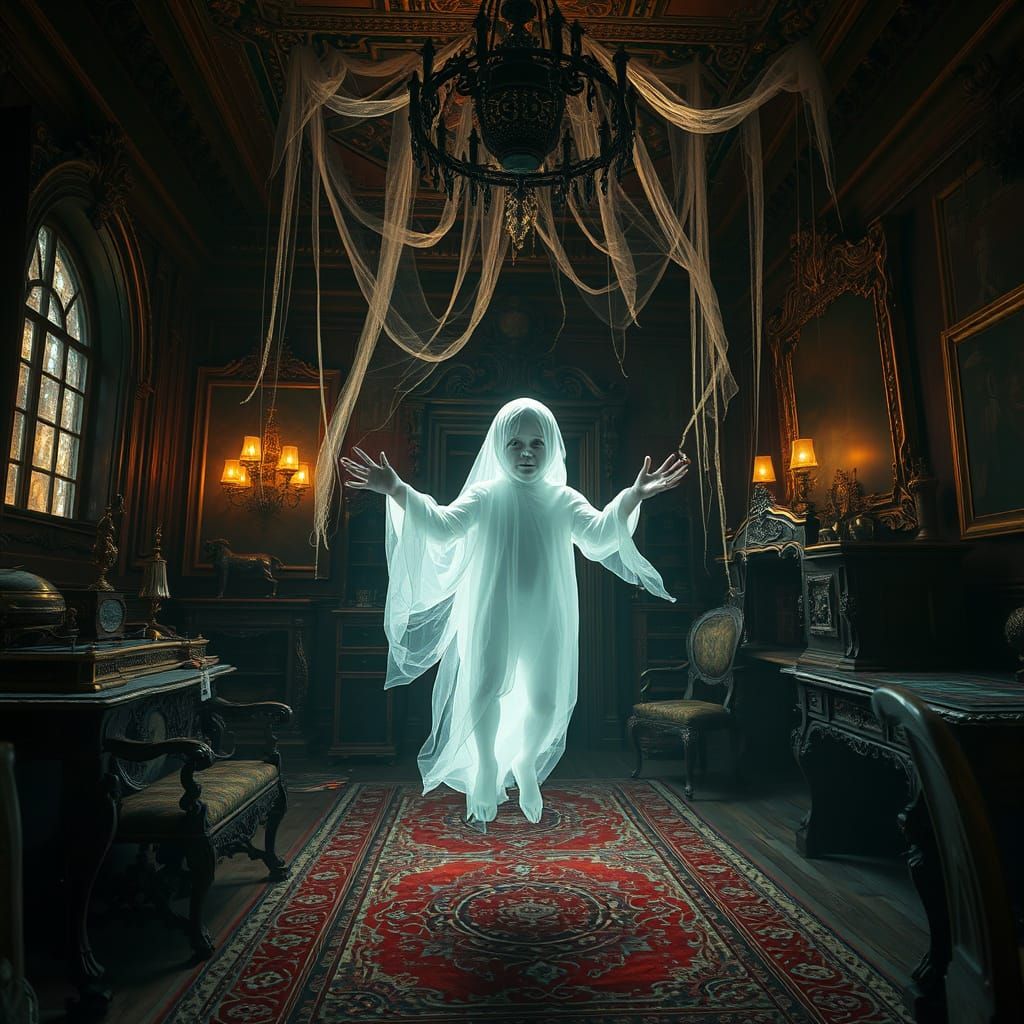 Luminescent Child Specter in Haunted House, Maximalist Digit...