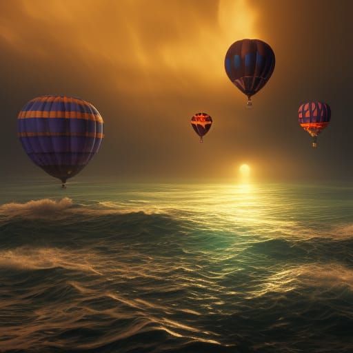Balloons floating over the ocean waves