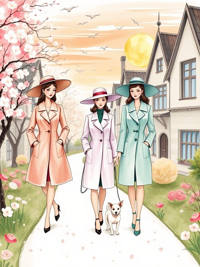 Elegant Women Strolling Through Spring Village, Ceccoli Styl...